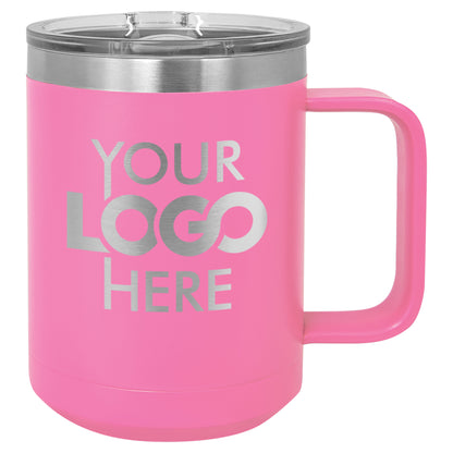 BULK 15oz Stainless Steel Custom Laser Engraved Coffee Mugs With Slider Lid - Free Shipping!