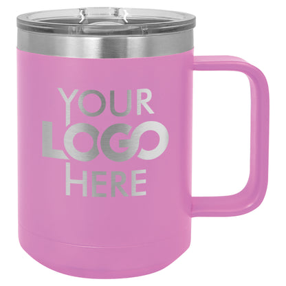 BULK 15oz Stainless Steel Custom Laser Engraved Coffee Mugs With Slider Lid - Free Shipping!