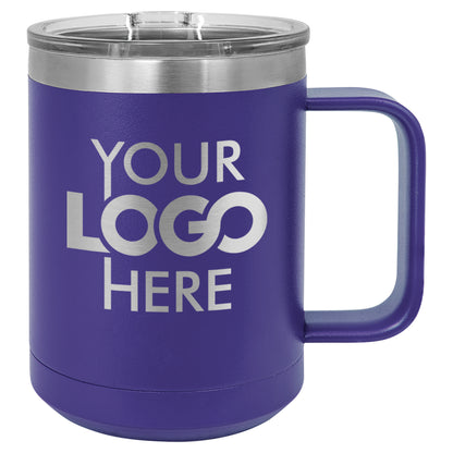 BULK 15oz Stainless Steel Custom Laser Engraved Coffee Mugs With Slider Lid - Free Shipping!