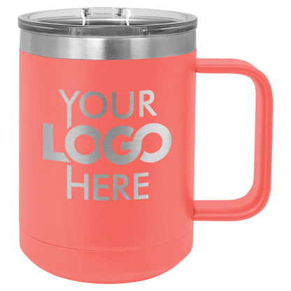 BULK 15oz Stainless Steel Custom Laser Engraved Coffee Mugs With Slider Lid - Free Shipping!