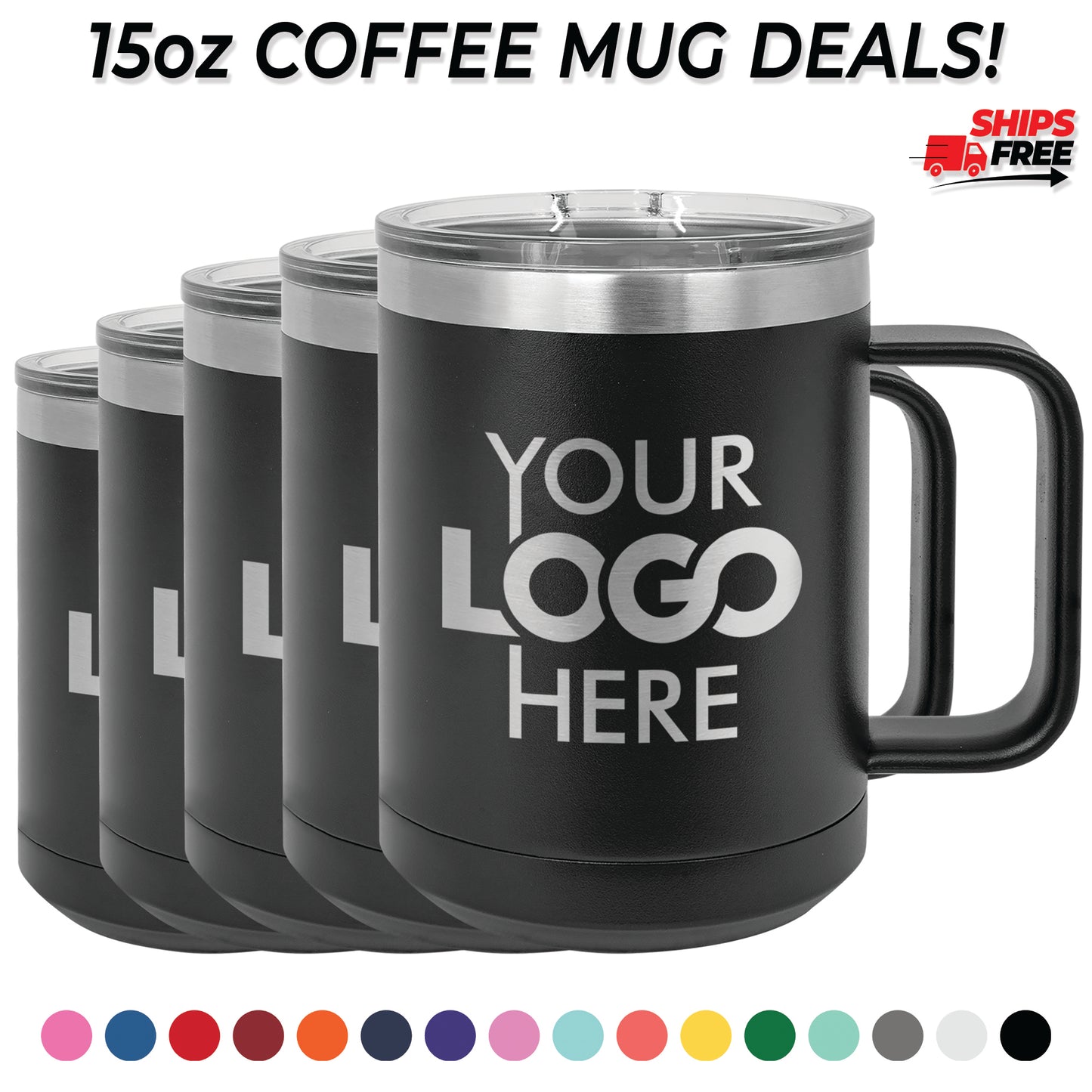 BULK 15oz Stainless Steel Custom Laser Engraved Coffee Mugs With Slider Lid - Free Shipping!