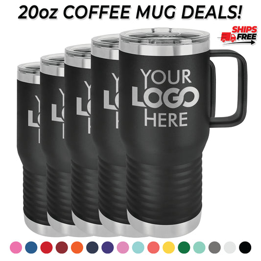 BULK 20oz Stainless Steel Custom Laser Engraved Coffee Mugs With Slider Lid - Free Shipping!