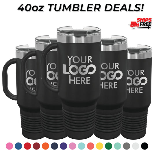 BULK 40oz Stainless Steel Custom Laser Engraved Tumblers With Flip Lid and Handle - Free Shipping!