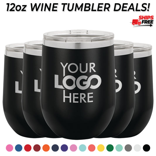 BULK 12oz Stainless Steel Custom Laser Engraved Wine Tumblers With Lid - Free Shipping!