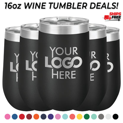 BULK 16oz Stainless Steel Custom Laser Engraved Wine Tumblers With Lid - Free Shipping!