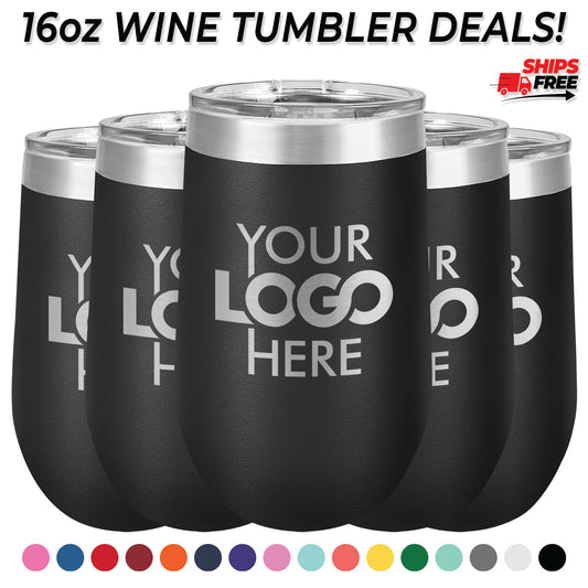 BULK 16oz Stainless Steel Custom Laser Engraved Wine Tumblers With Lid - Free Shipping!